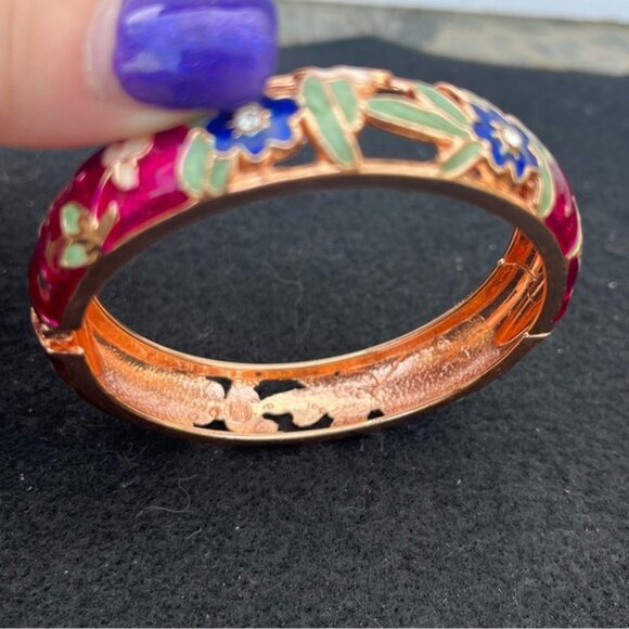 Cloisonne Enamel Floral Hinged Bangle Bracelet - Picture 8 of 11